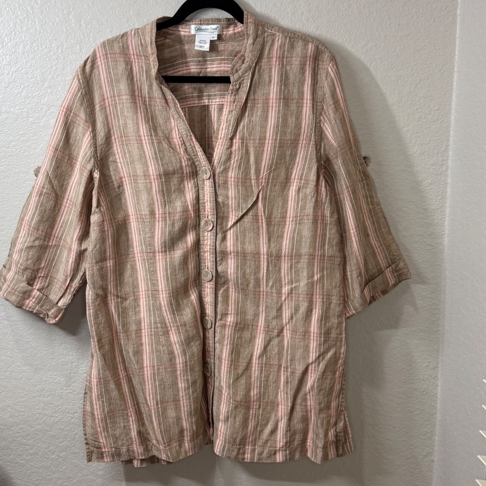 Coldwater Creek Brown Pink Plaid 100% Linen Button Up Top Coastal Grandma XL
